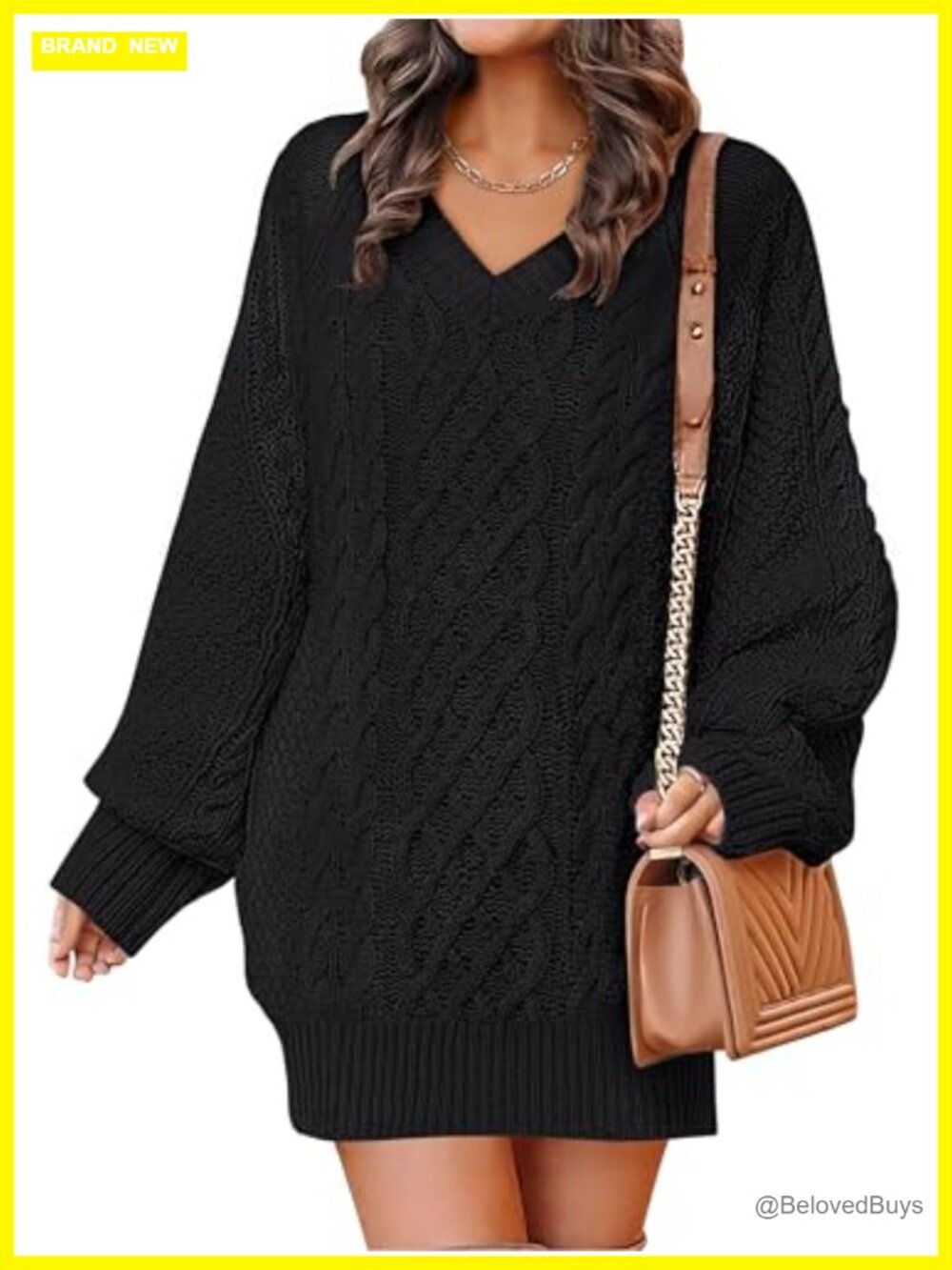 Oversized V Neck Cable Knit Sweater Dress Long Sleeve Fall